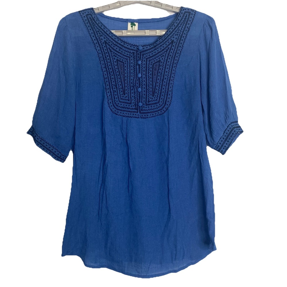 Tropiko Blue Embroidered Peasant Blouse Short Sleeve Button Boho Womens SZ L